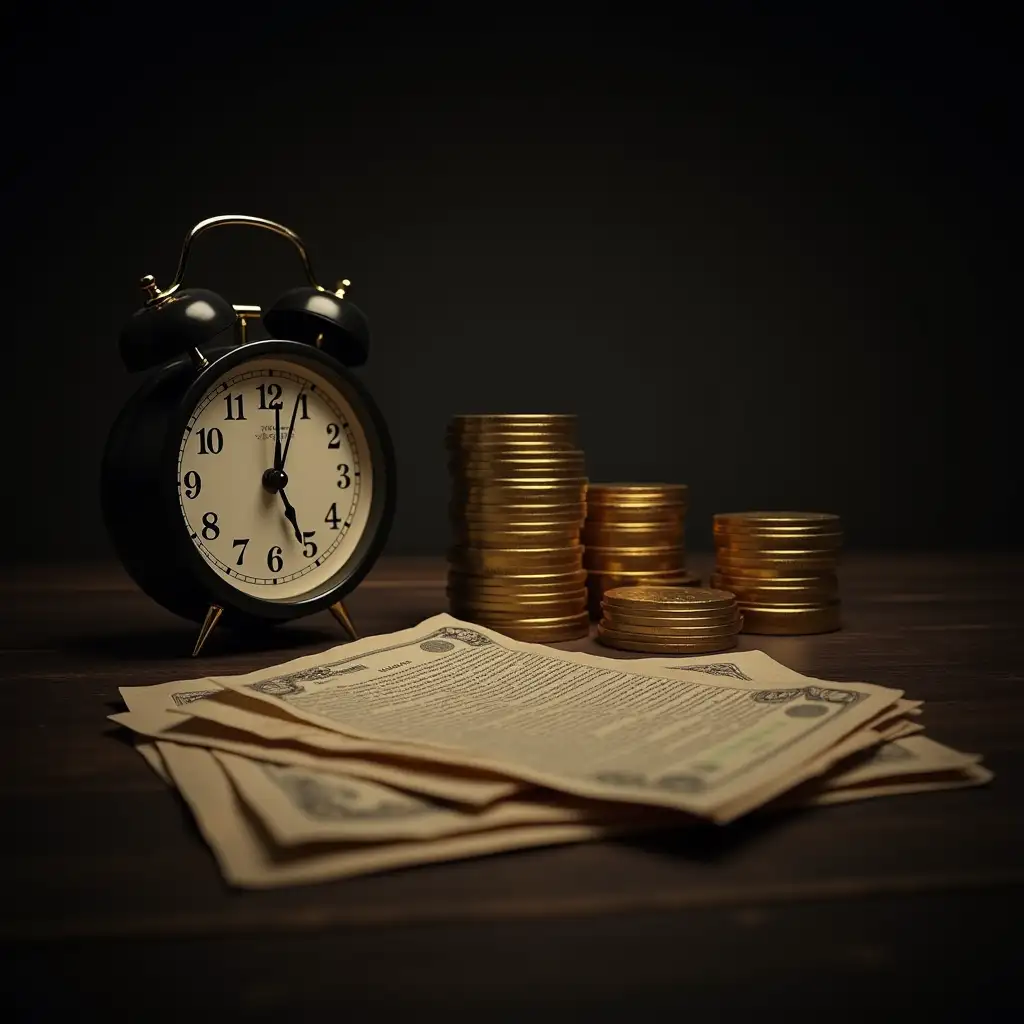 Dark, moody visuals of old financial documents, gold coins, and a ticking clock