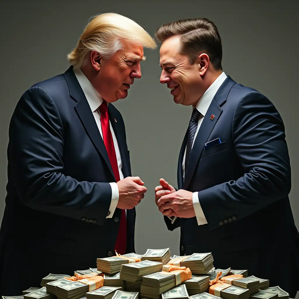 A picture of Trump and Musk pushing stacks of money into each others pockets, with piles of money all around. The looks on their faces should look Sneaky and evil.