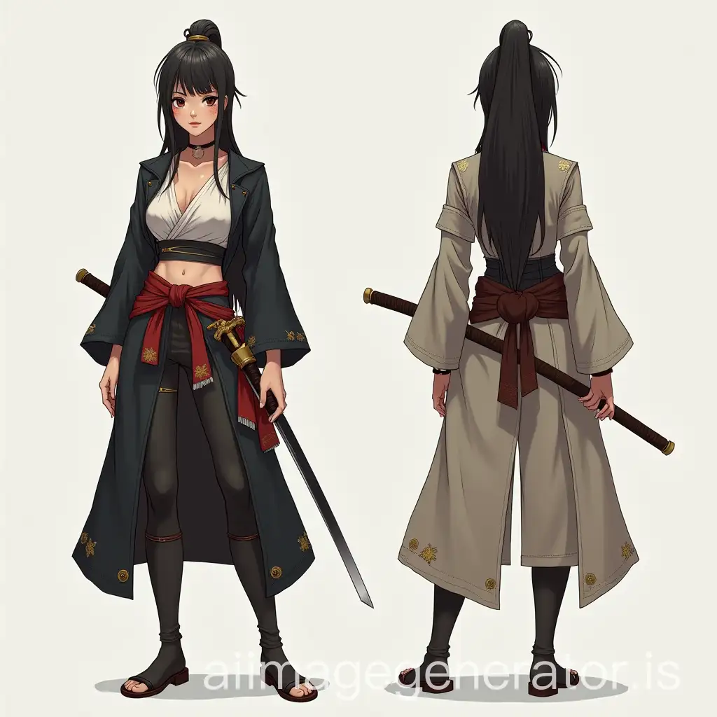 reference from the front and side, female character in open clothing style fantasy with katana