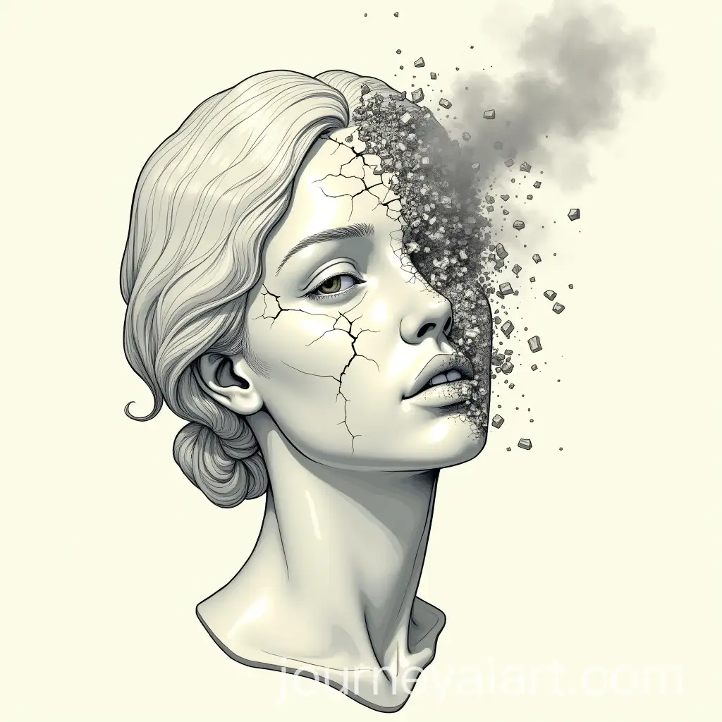 Comic-Style-Statue-Head-of-Young-Woman-with-Cracks-and-Gray-Smoke