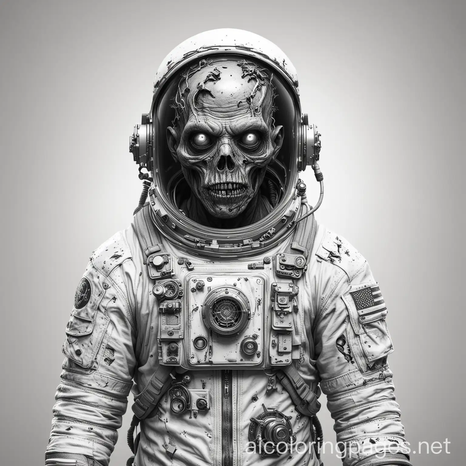 zombie astronaut post apocalyptic realistic, Coloring Page, black and white, line art, white background, Simplicity, Ample White Space. The background of the coloring page is plain white to make it easy for young children to color within the lines. The outlines of all the subjects are easy to distinguish, making it simple for kids to color without too much difficulty