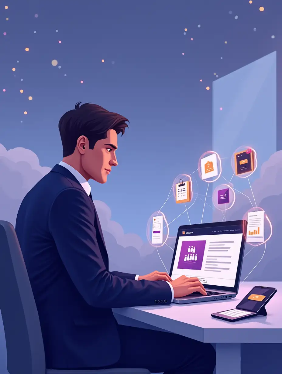 A professional male lawyer in a formal suit sitting on the left side of the image at a modern digital desk, working on a laptop. The laptop screen displays a modern law firm website. Floating digital icons surround him: contact form, appointment calendar, chat/message icon, justice scale ⚖️, and an analytics chart. On the digital desk: a smartphone, a tablet, the provided purple legal logo, and website pages, all connected with glowing lines to represent interconnectivity. The background is a modern minimalist office or abstract digital workspace with soft lighting. A cloudy sky with digital connection/network symbols gives the impression of being online. Use a color palette based on deep violet-blue (like the provided logo), soft gold accents, white, and complementary cool tones. Leave ample empty space on the **right side** of the image for text overlay. Natural human style, realistic or semi-realistic illustration.