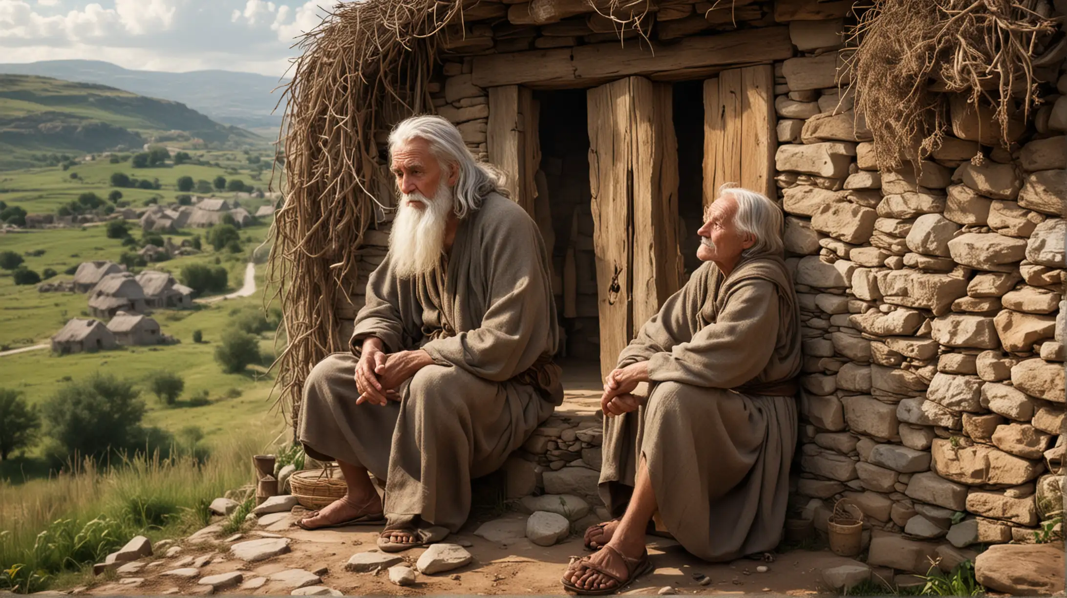 Wisest Elder Advising Villagers in Ancient Settlement