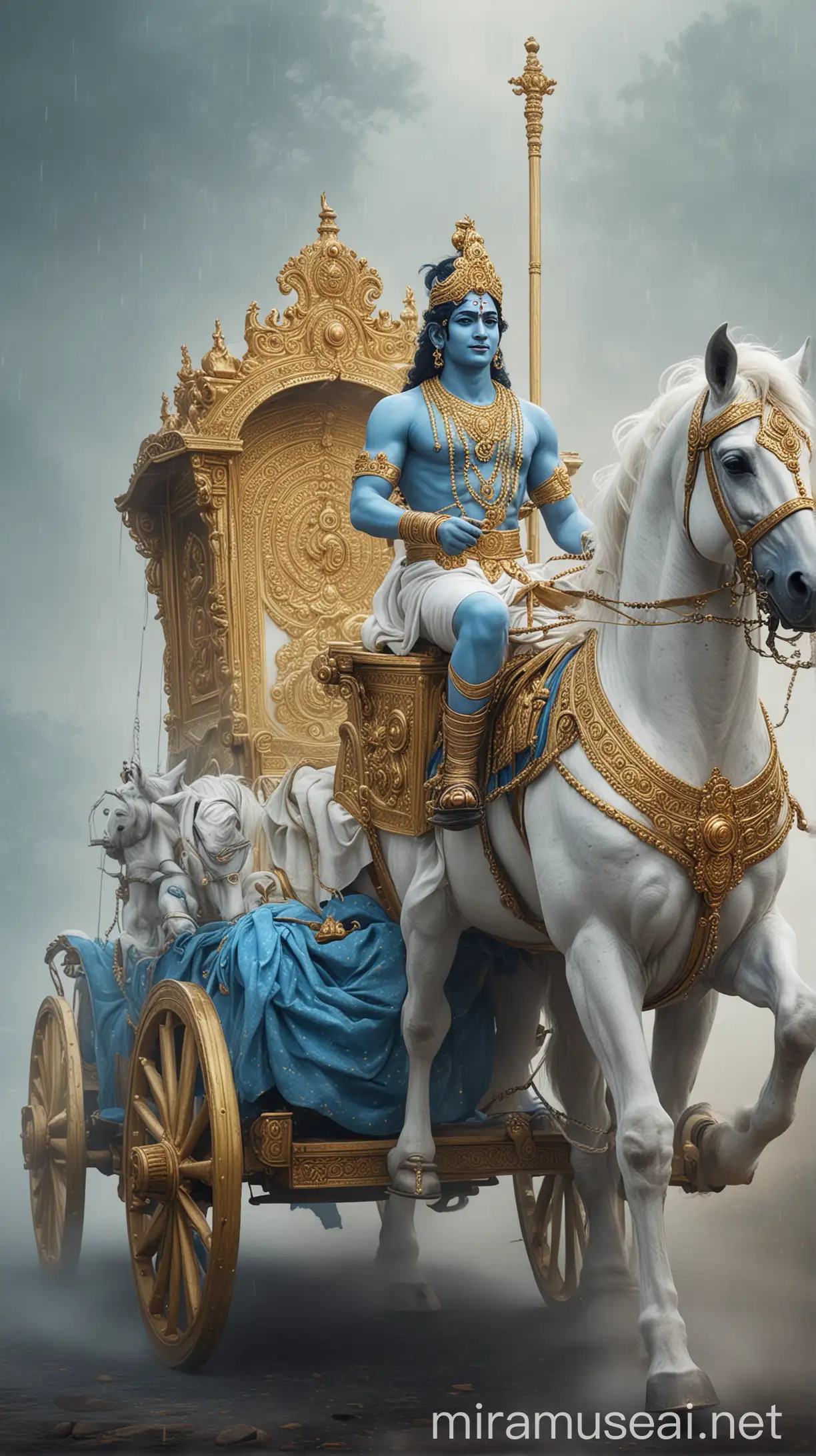 Hindu God Krishna Sitting in Golden Chariot Pulled by White Horse