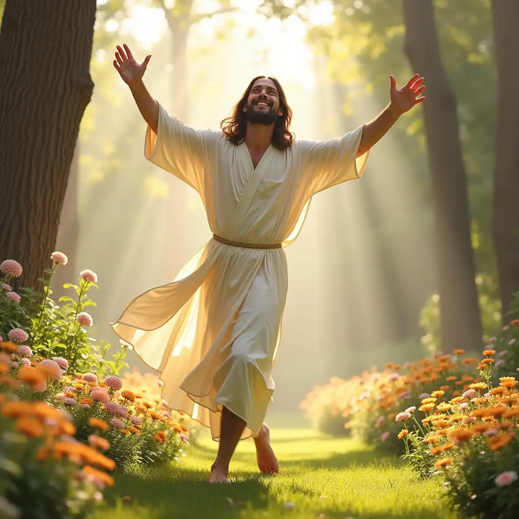 Jesus Christ joyfully dancing in a tranquil garden, surrounded by blooming flowers and soft sunlight filtering through tall trees, wearing a flowing white robe.