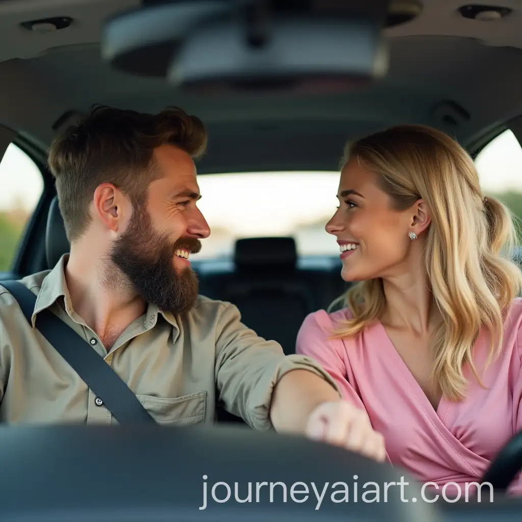 Attractive-Man-with-Beard-Driving-with-Blonde-Woman-in-Pink-Dress