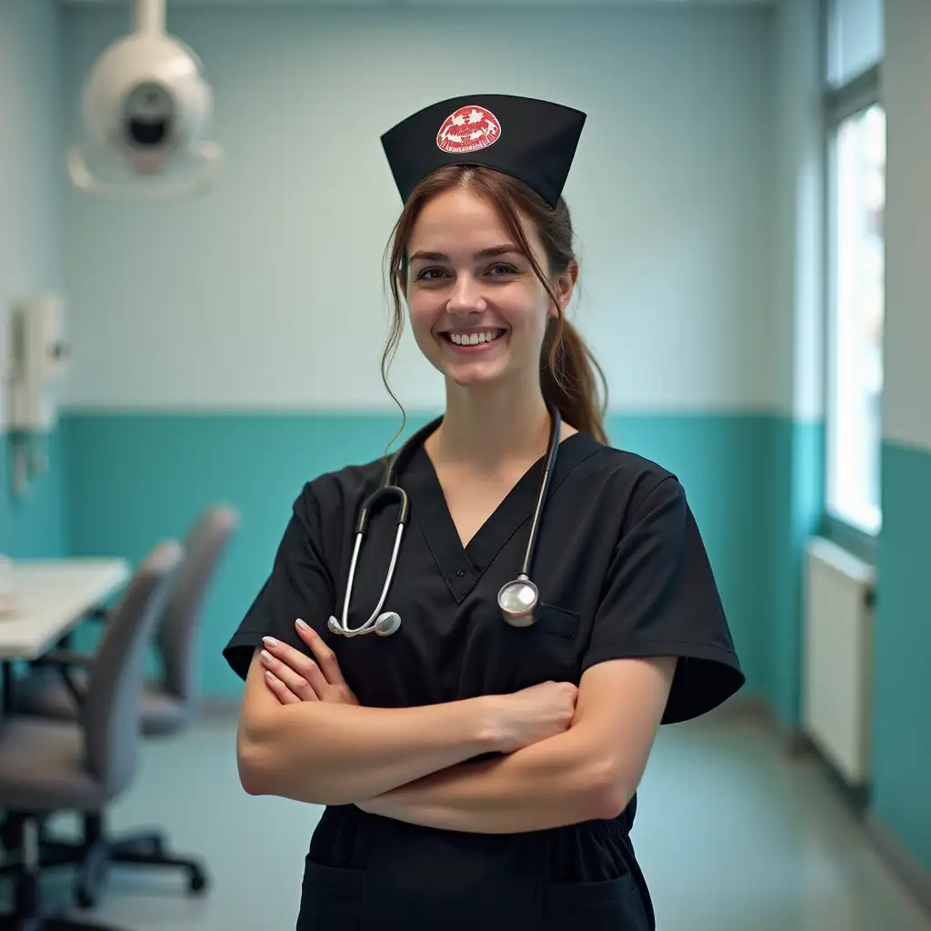 A nurse in a Halloween costume is standing in the medical office smiling