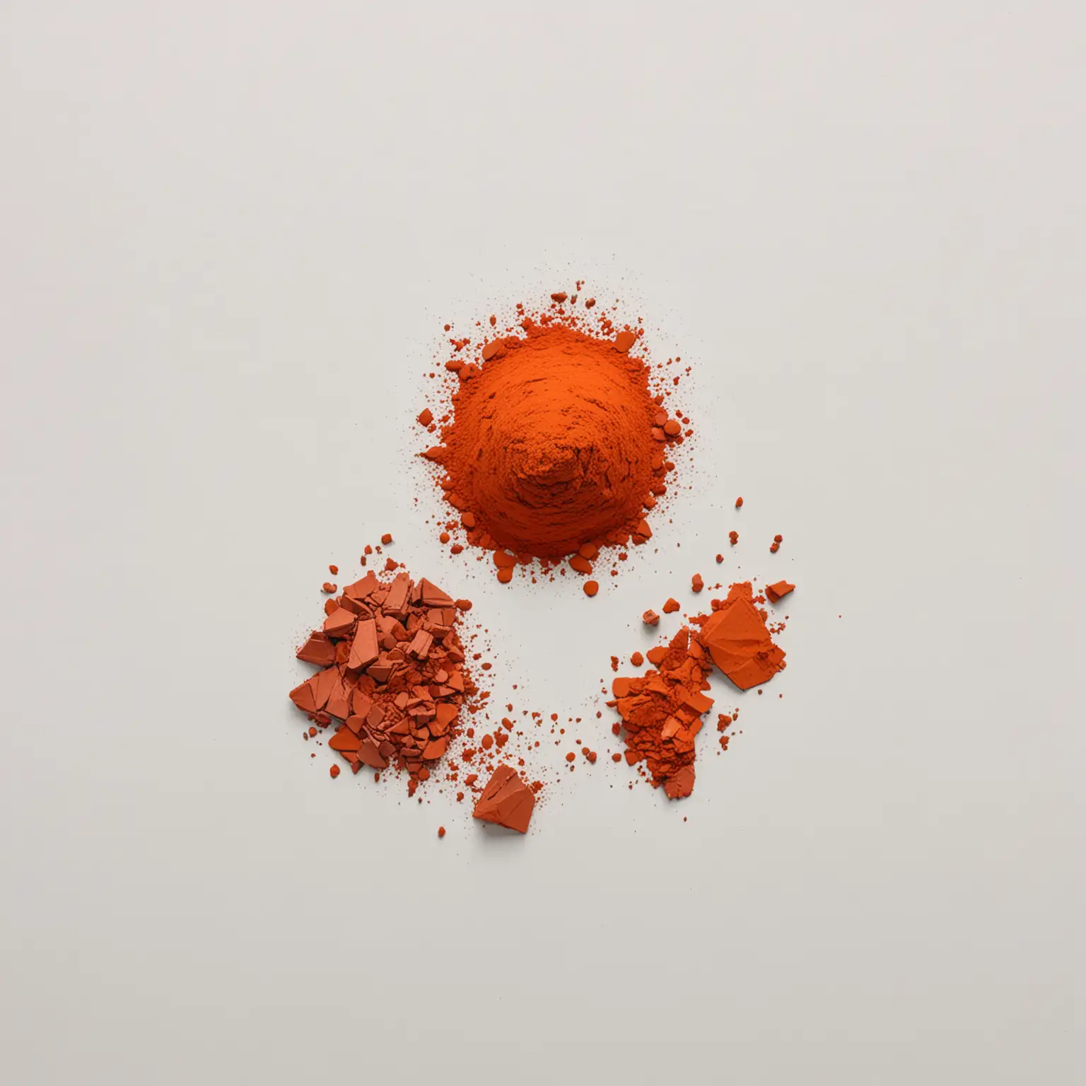 view strictly from above: bright orange red lead pigment. Large and small fragments. White background.