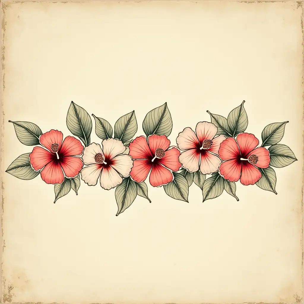 distressed and faded vintage sketch of a row of hibiscus flowers