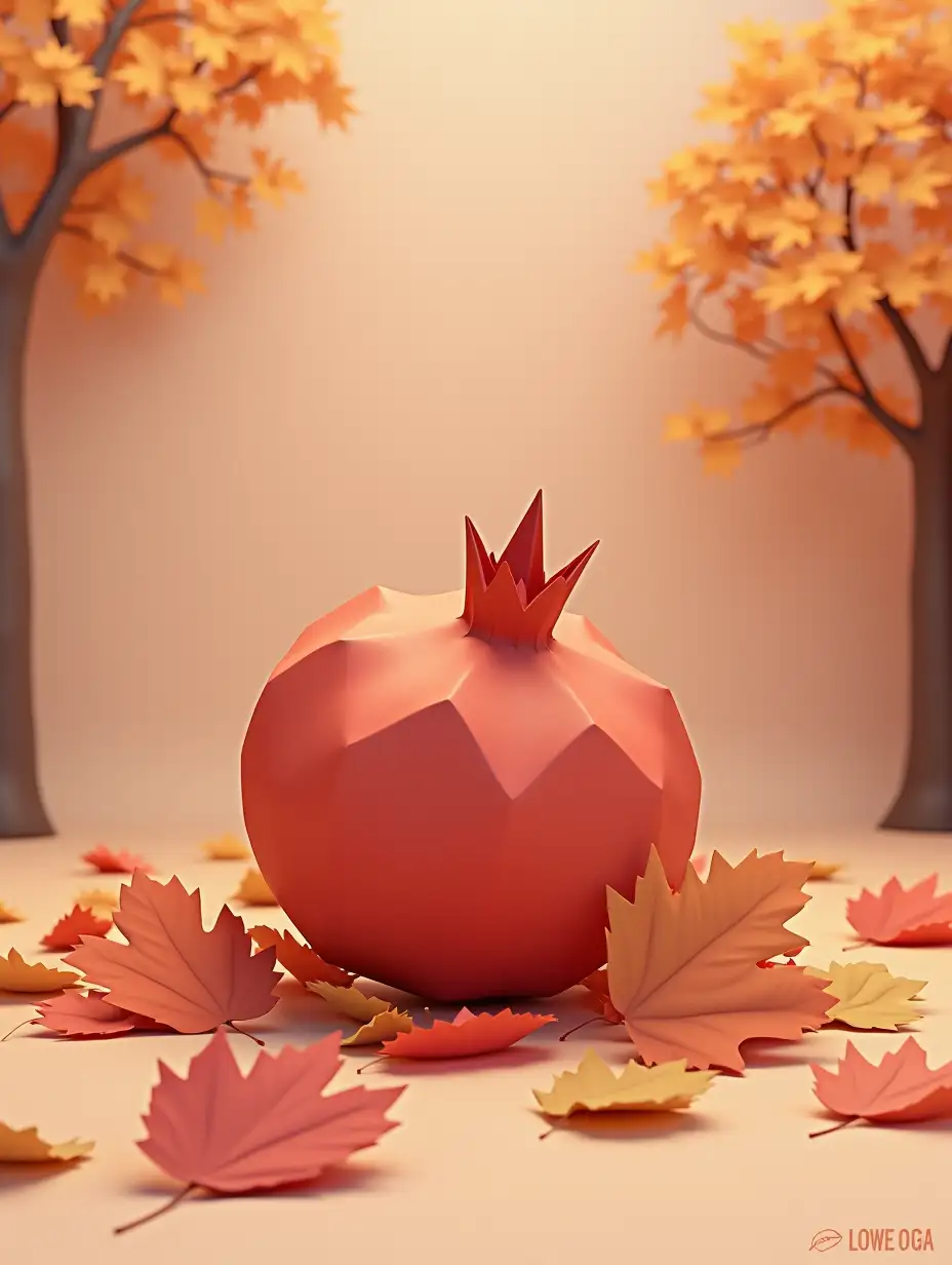 A low-poly 3D pomegranate in a minimalistic autumn setting. The pomegranate is designed with angular, stylized surfaces and sits atop a floor covered with autumn leaves. The scene conveys a serene, tranquil atmosphere, with a muted color palette of oranges, reds, and browns, and soft lighting to enhance the calmness of the scene.