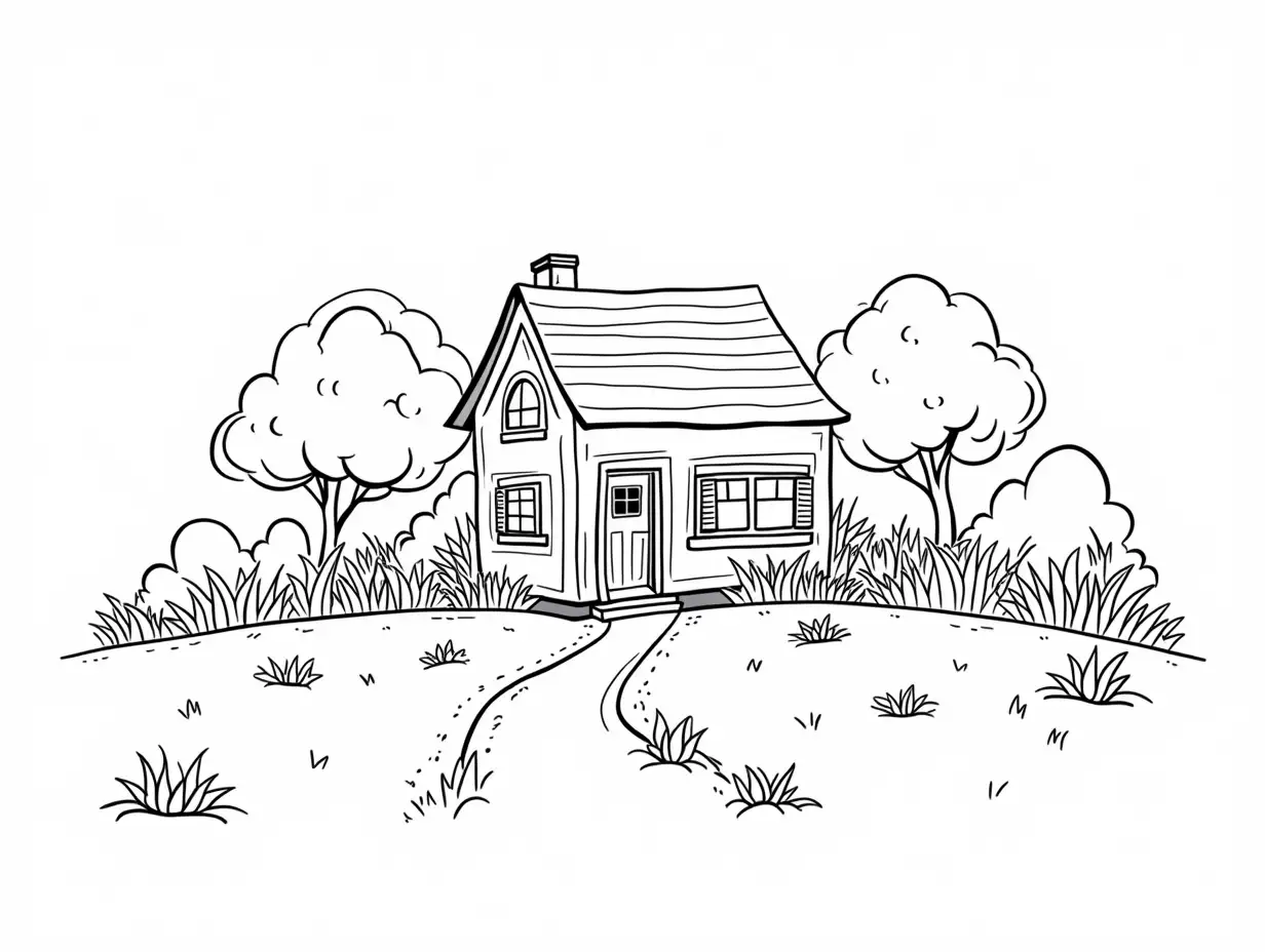 House in the Garden: Black and white line art drawing A small house surrounded by flowers, trees, and a garden path, white background with big shapes for easy coloring. These designs are made with bold lines and large shapes to ensure they are simple and enjoyable for young children to color.