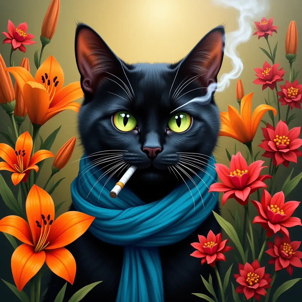 Black-Cat-with-Green-Eyes-and-Blue-Scarf-Surrounded-by-Colorful-Flowers