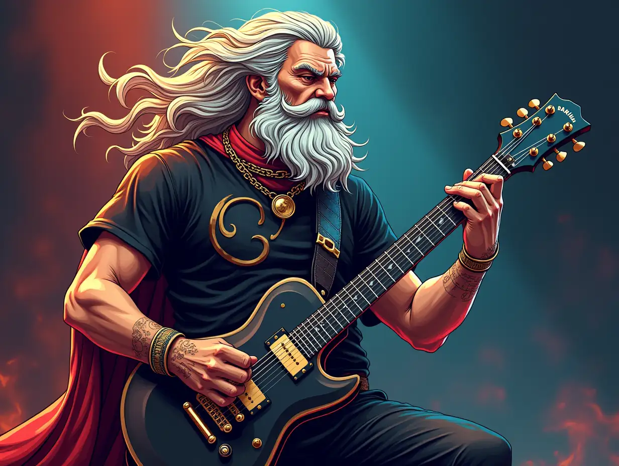 image cartoon god zeus playing Electric guitar. Guitar is black god wearing band metal t-shirt