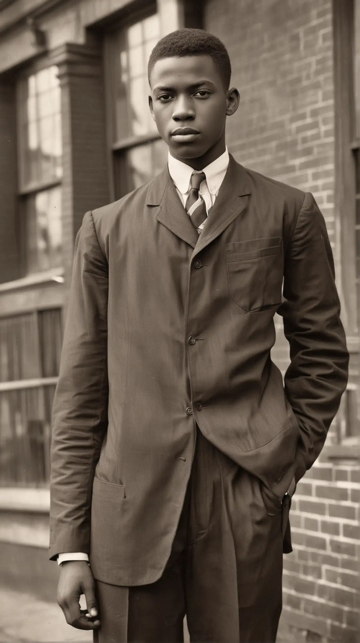 Young Black Man with Slick Hair in 1905 Standing in Front of a School