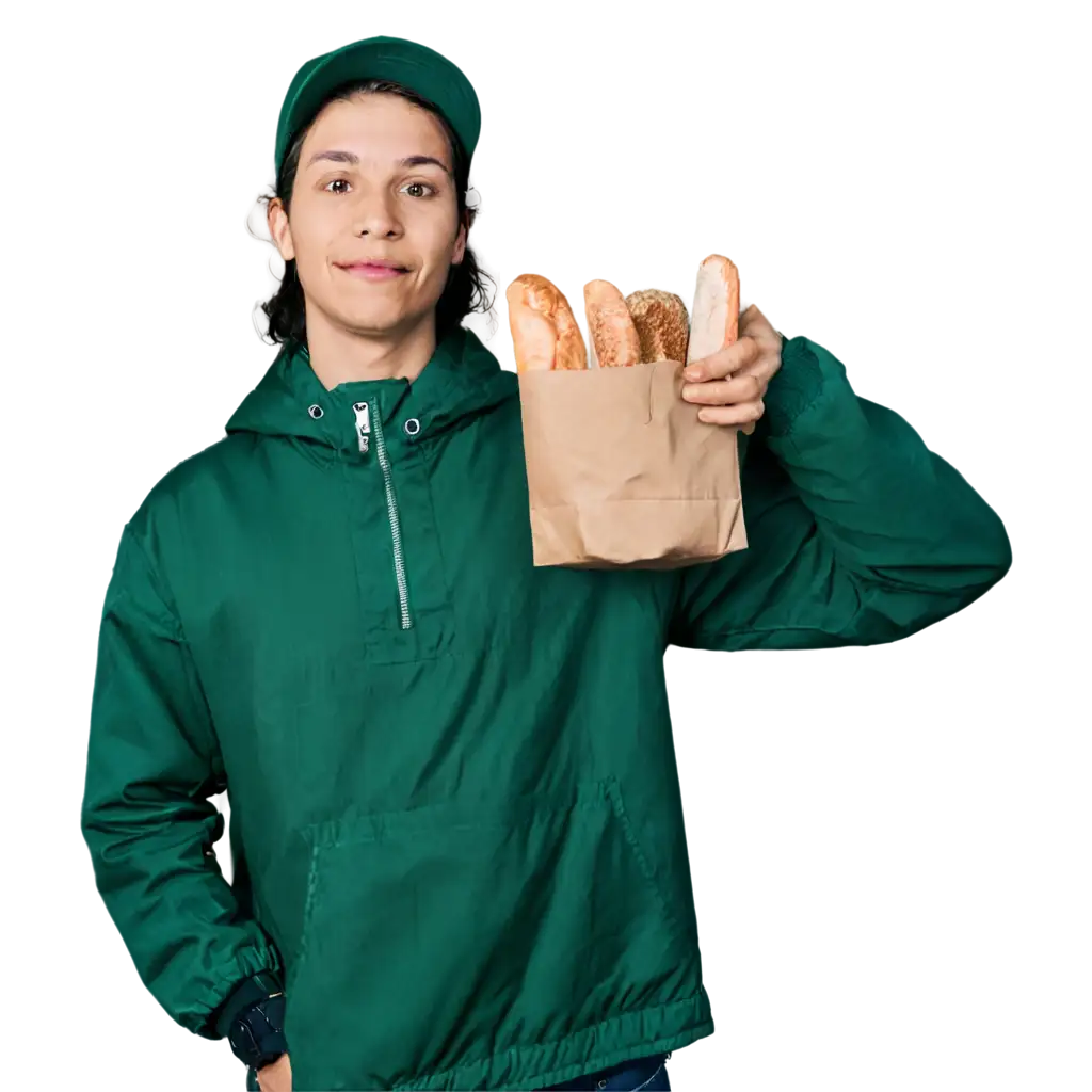 food courier in a green jacket is delivering food