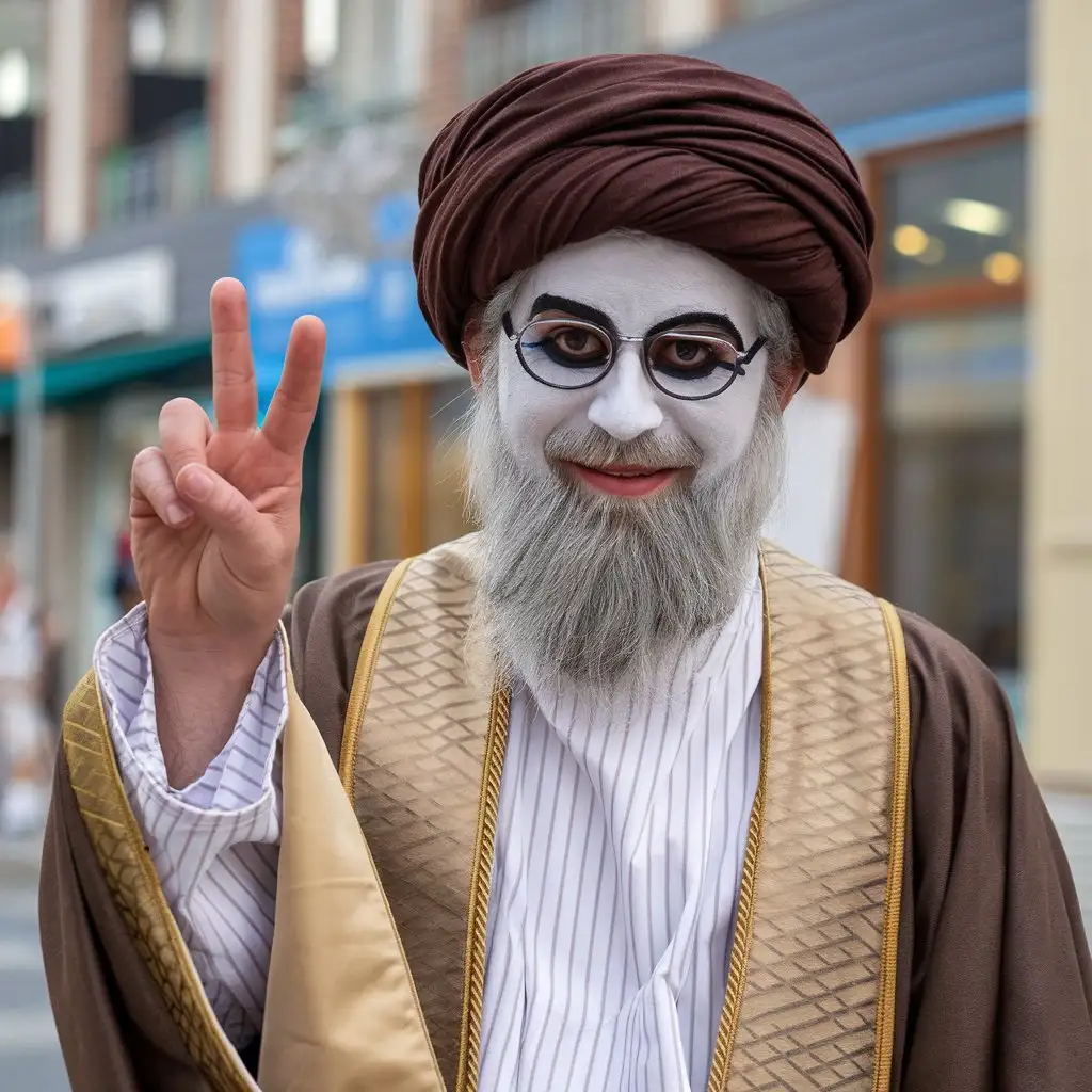 Khamenei-Wearing-Makeup-in-Cosplay-with-Peace-Sign-Gesture