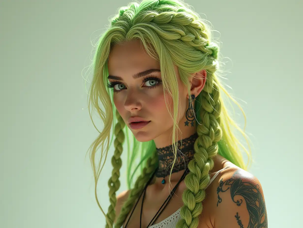 Depiction of a full body beautiful white woman with -tattoo, long mixed green-yellow braided hair in a futuristic warroir style