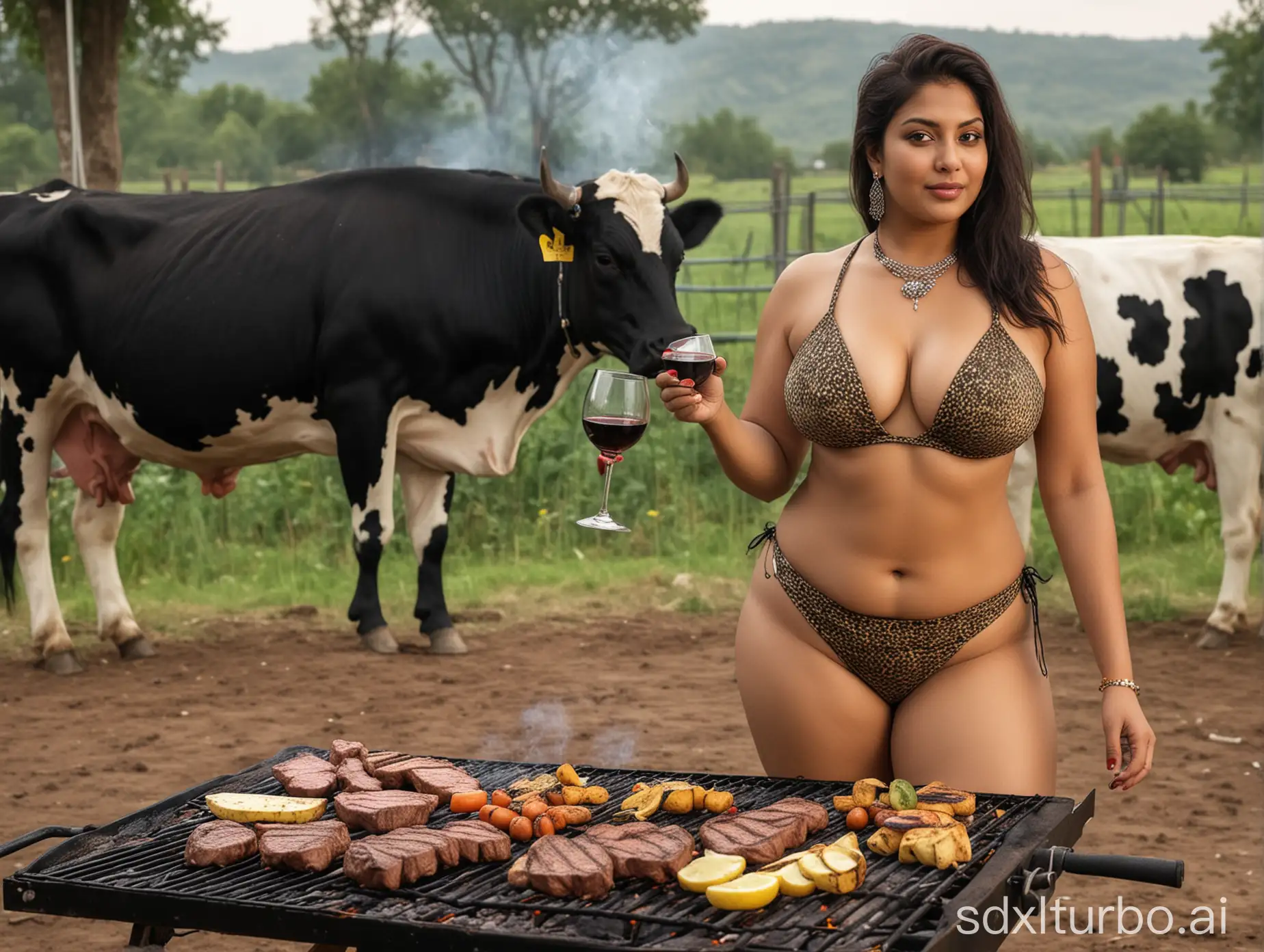 Indian-Woman-Enjoying-BBQ-Steak-and-Wine-with-Grazing-Cow