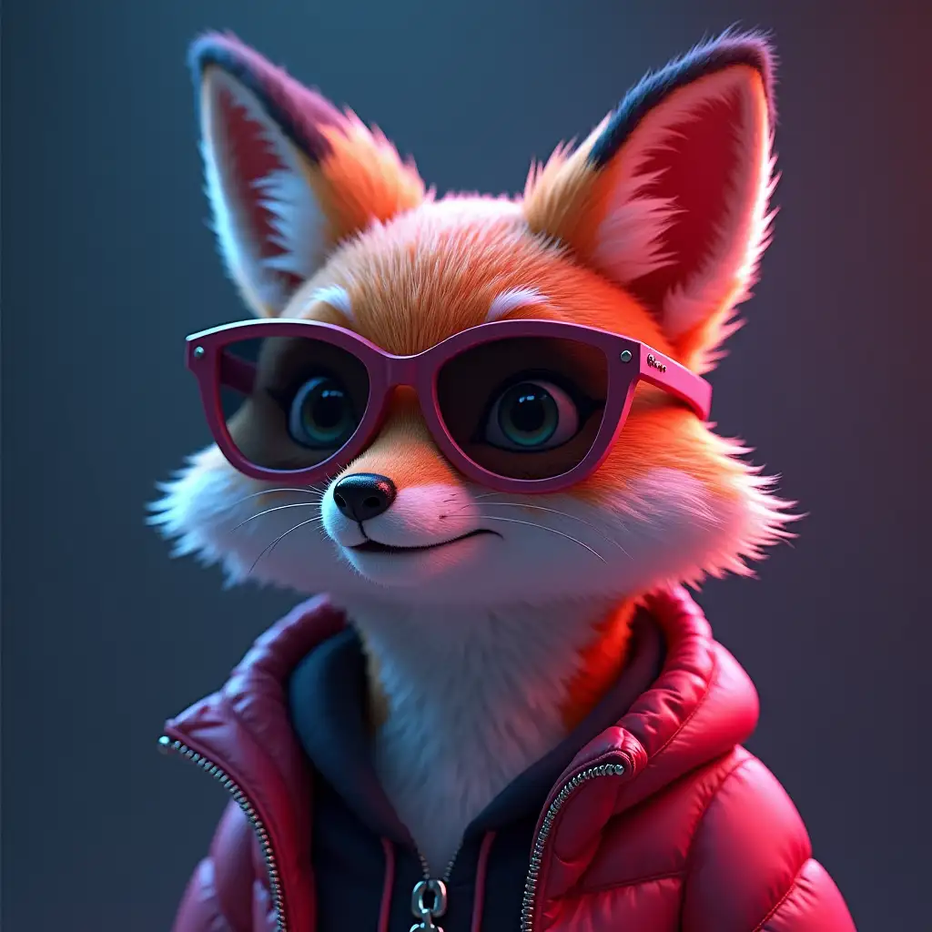 Cartoon-Fox-in-Sunglasses-in-Neonpunk-Style-with-Vray-Tracing-and-PhotoRealistic-Detailing