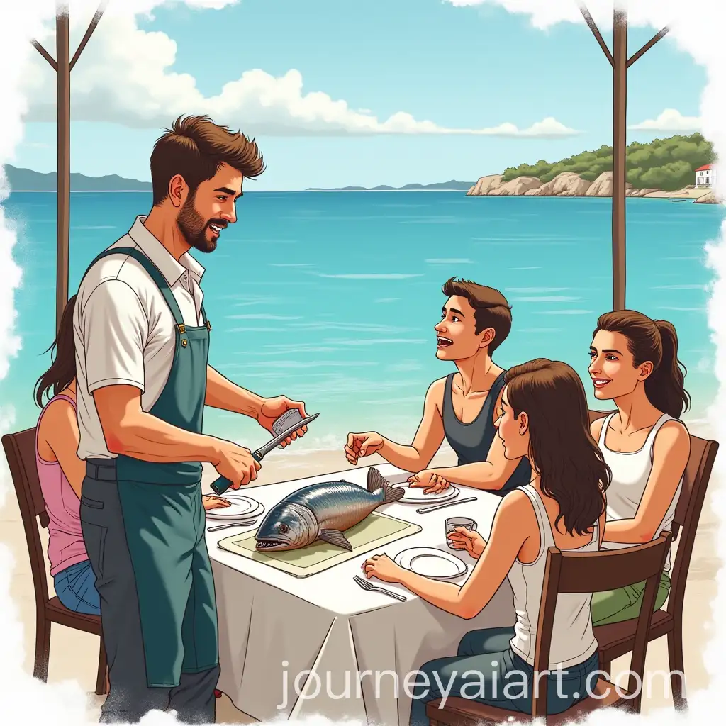 Waiter-Struggling-to-Fillet-Fish-at-Seaside-Restaurant-in-Corfu