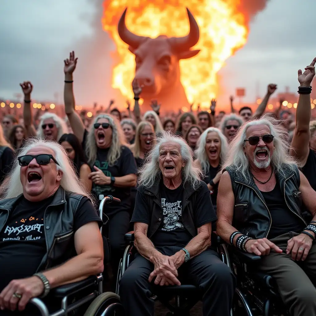 At a massive heavy metal festival, a group of elderly metalheads with long gray hair are headbanging and moshing. Some sit in wheelchairs, others cling to walkers, but all wear black band shirts, leather vests, and sunglasses. Their faces show joy and fierce energy. In the background, a giant flaming bullhead sculpture—symbol of the Wacken Open Air (WOA)—blazes above a sea of fans and stage lights. The scene is wild, energetic, and humorous, blending metal culture with old age in a surreal yet realistic way.