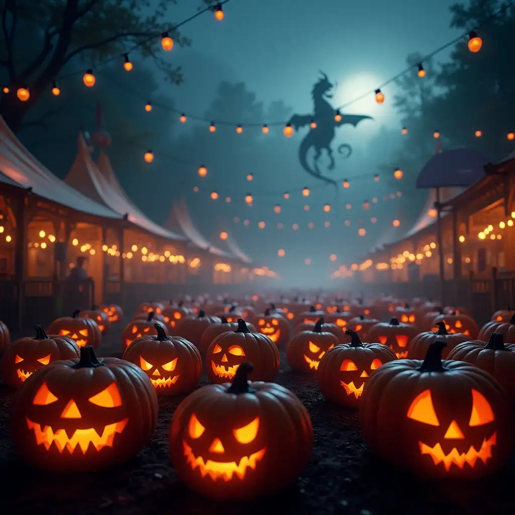 Spooky-Folk-Festival-with-Glowing-Pumpkins-and-Dragon-Silhouette