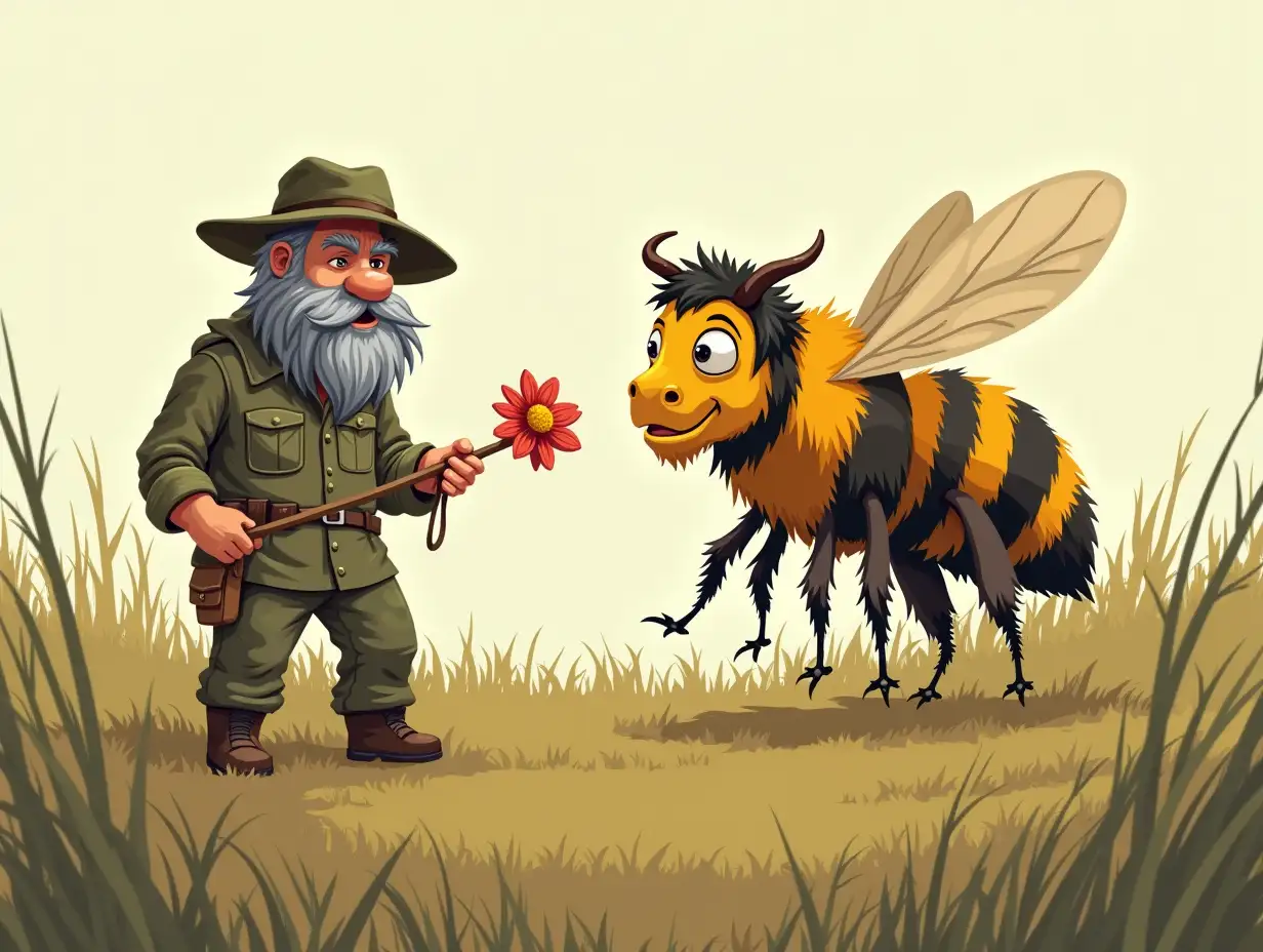 Gray bearded man in camouflage, using a flower to train a large bee that looks like a cow with udders. Cartoon style.