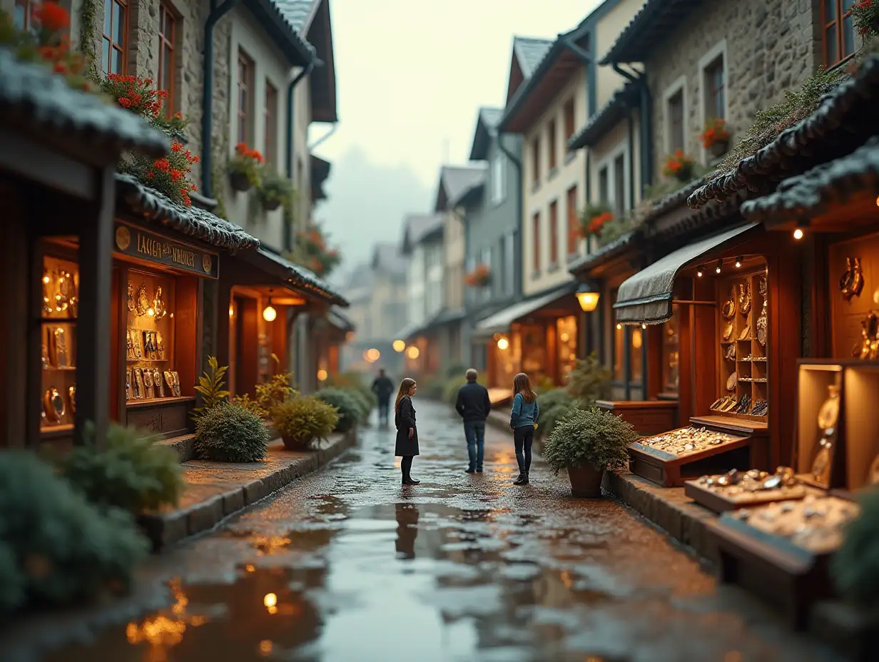 A beautiful small town with a watchmaker with tiny people with boxes full of luxury watches Quite large real photo Triple Exposure Concept of something Beautiful Photo