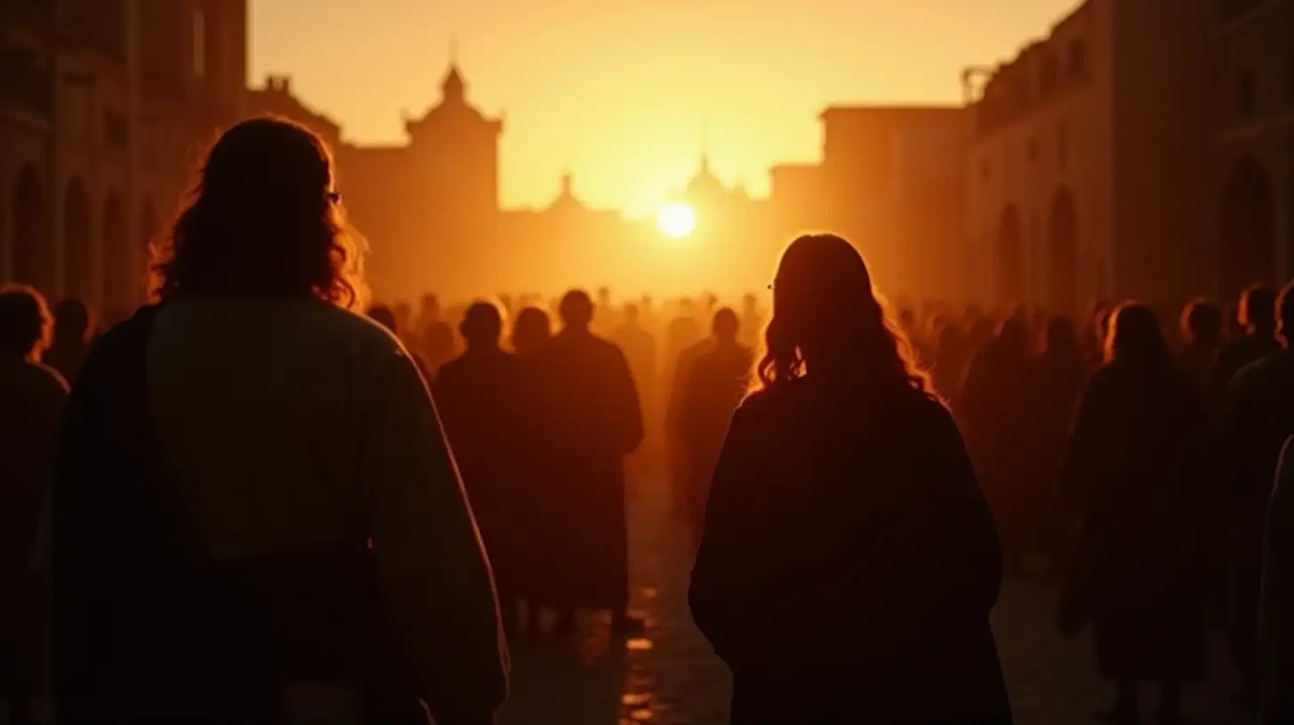 Silhouetted Couple Addressing Crowd in Town Square Biblical Era Scene