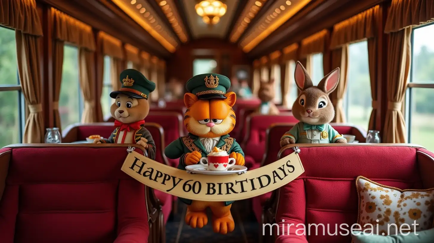 Luxurious High Tea on Luxurious Train with Garfield and Peter Rabbit Celebrating Happy 60th Birthday of Captain Hayne