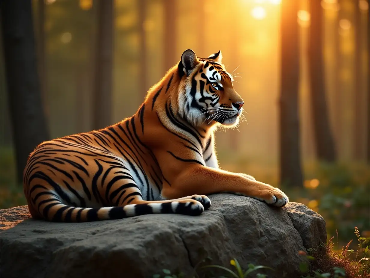 A majestic Siberian tiger resting on a sunlit rock in a dense forest, golden hour lighting highlighting orange-black fur, photorealistic rendering with Canon EOS R5 85mm f/1.4 lens, cinematic depth of field, 4K resolution, hyper-detailed fur textures.