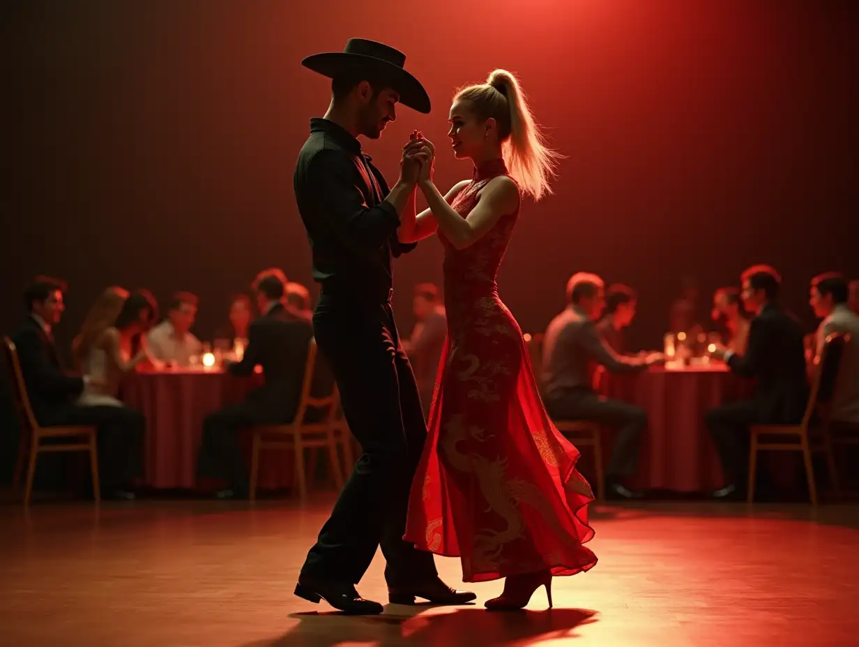 4k Image Of A fit attractive Sri Lankan Male Adult Christian Cowboy in a black cowboy hat and black dress shirt and black long pants and black dance shoes duet dancing with an attractive fit bodied Blonde Bun Haired French Canadian Woman of Paternal Lipka Tatar Descent And Scandanavian Descent with a mix of maternal Scottish-Irish Descent wearing a short red dragon themed cheongsam wearing red shoes for dancing , as the two ballroom dance as tables full of people watching in the backroom watch the two dance