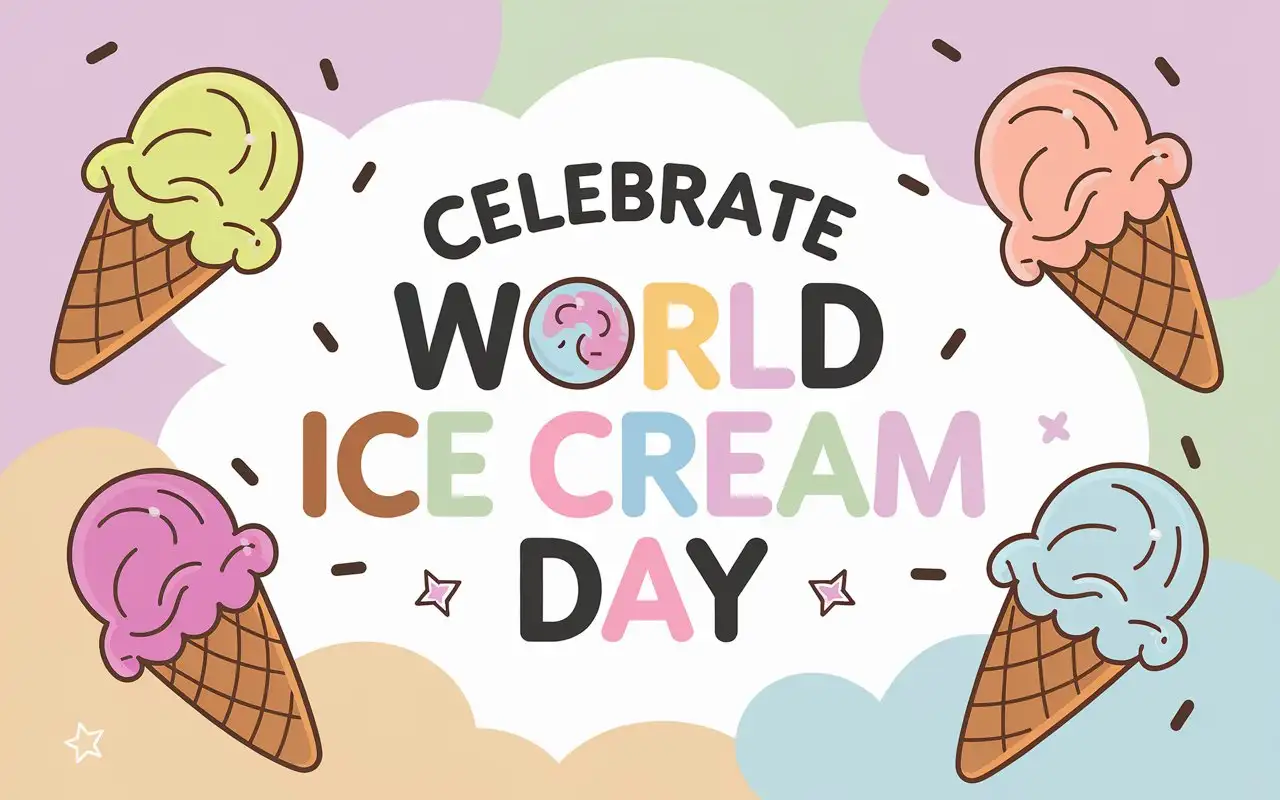 A playful design featuring colorful ice cream scoops in cones, set against a pastel background with soft clouds. The text Celebrate World Ice Cream Day is displayed in a bold, fun font, with sprinkles and stars adding a whimsical touch.