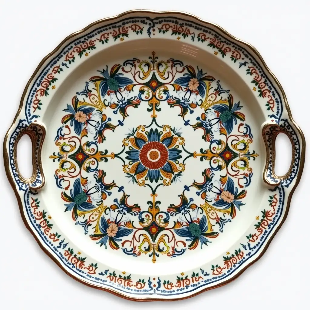 Ruffled edge Two divided circle ceramic tray plate with embossed beautiful ceramic handle,Underglaze painting on white body、 Fine art, Hyper detailed,Antique and old, Qajar art, Iranian Tabriz carpet design