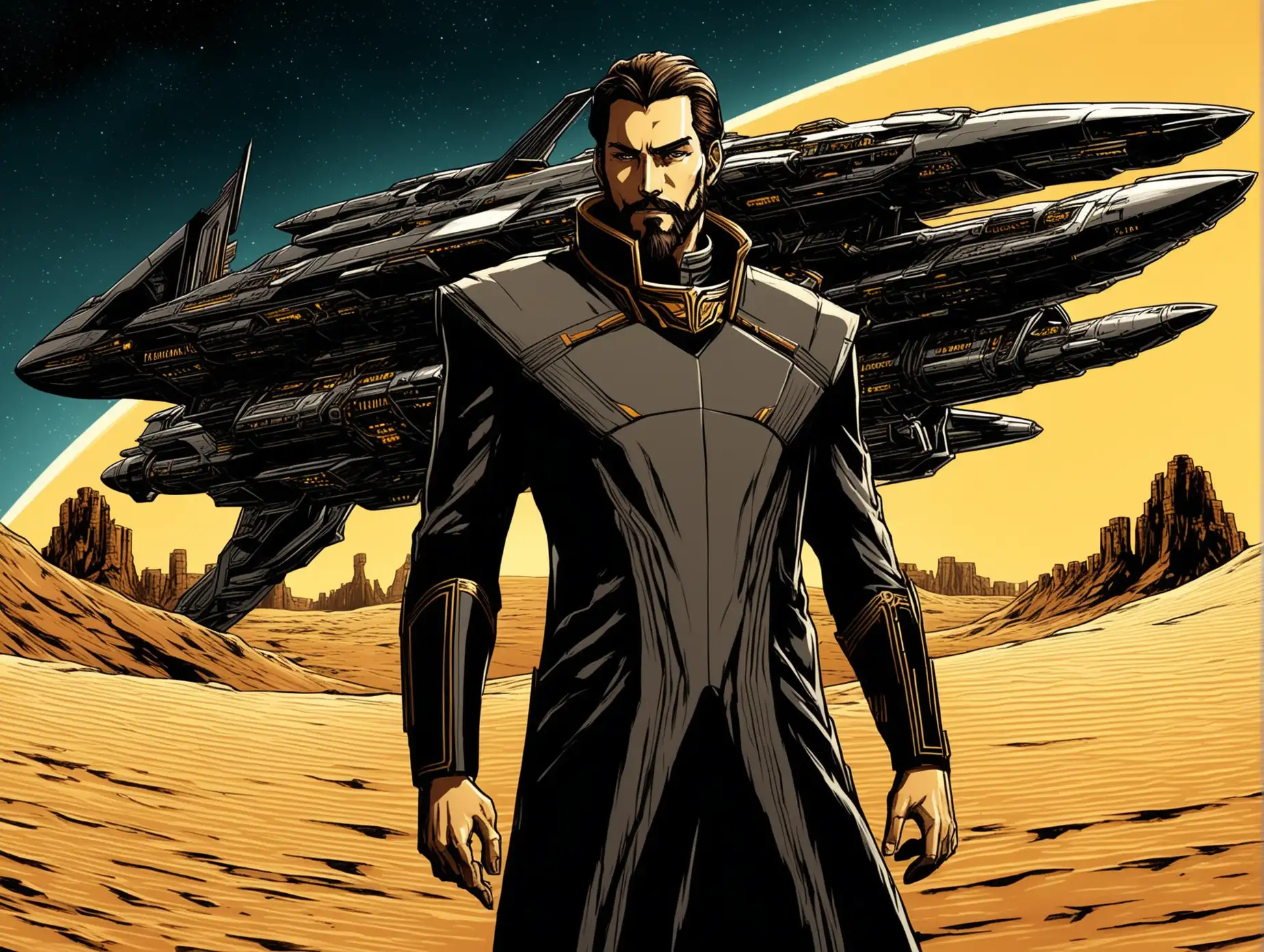 Duke Leto Atreides, a tall and commanding figure with a strong jawline and a neatly trimmed beard, in a futuristic grey uniform a high collar. His deep brown eyes are filled with determination. His hair is slicked back, with a few strands subtly graying at the temples. He stands at the helm of an advanced, sleek spaceship, with the harsh, sandy landscape of Arrakis stretching out beneath a golden sky. The background shows towering dunes and the distant silhouette of the fortress Arrakeen. Comic book style, with strong lines, deep shadows, and bold colors, reminiscent of classic space opera comics