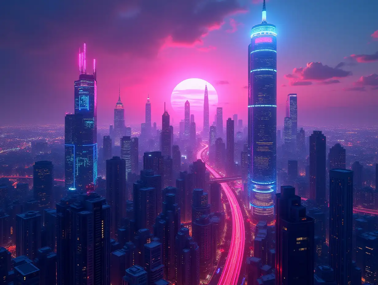 futuristic cityscape, a vibrant metropolis at dusk with glowing skyscrapers and light trails, showcasing a blend of modern architecture and digital elements, cyberpunk style, neon colors with pink, blue, and purple hues, wide-angle view capturing the skyline, photo-realistic 4k --ar 16:9 --v 6.1