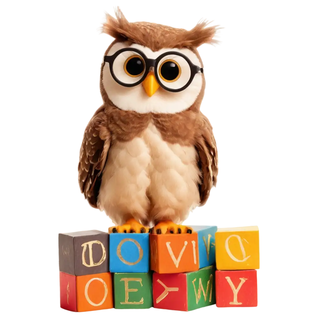 Charming-Owl-with-GoldRimmed-Glasses-on-Toy-Blocks-PNG-Perfect-for-Playful-Learning-Themes