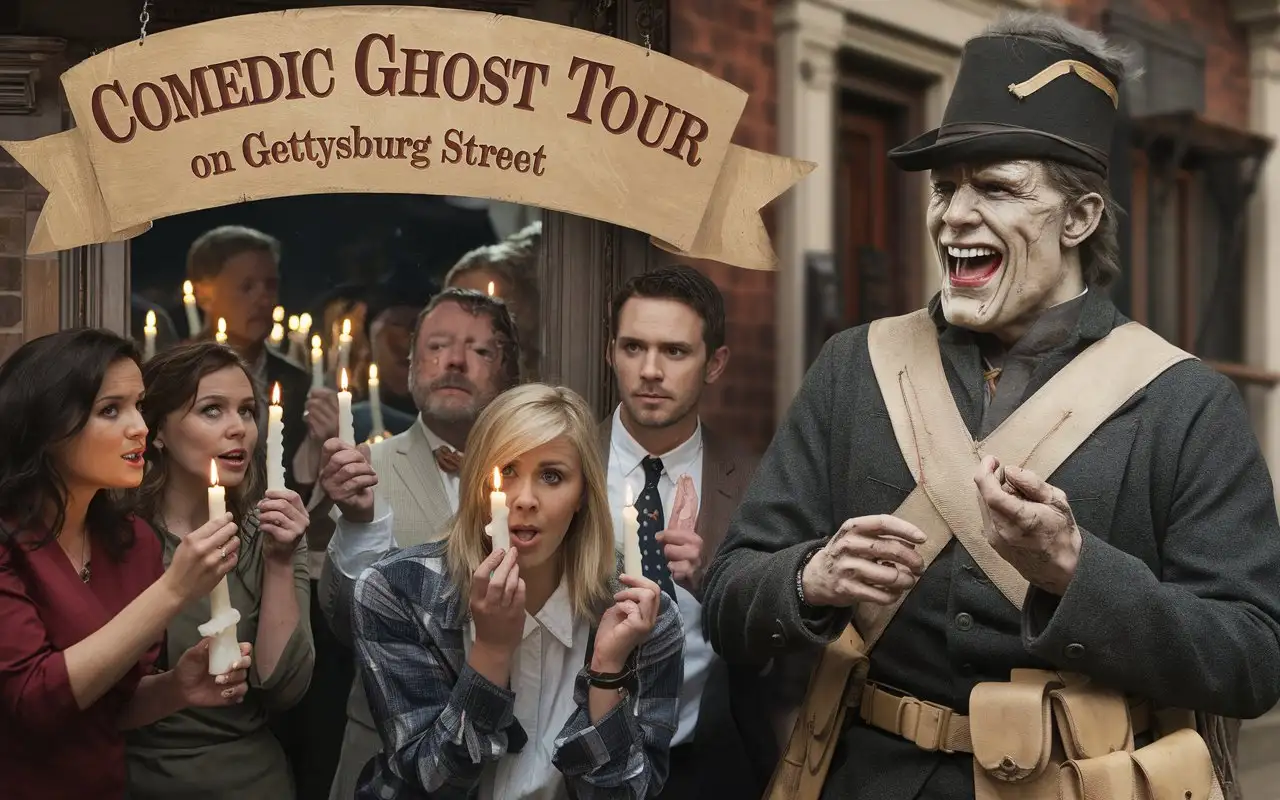 a marketing or advertisement stating 'comedic ghost tour.'  With subtext based on the theme to 'find the laughing union soldier.' The image should show Gettysburg Baltimore street with people in a tour who are holding candles and who are looking at mirrors and perfuming a improv  skit to see if they can make the union ghost solider come out of hiding. I want the font for the signage to show a classic civil war text and or at least a font from the 1860's that is modernized to the theme of the project.  Show the ultra realistic laughing ghost union solider in full civil war attire attire background looking on at improv event.