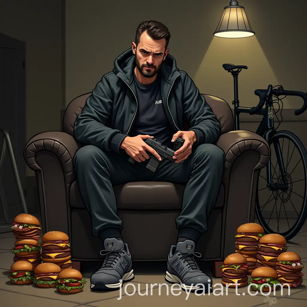 Urban-Lifestyle-Scene-ShaltayBoltay-in-Dark-Tones-with-Glock-Pistol-and-Burgers