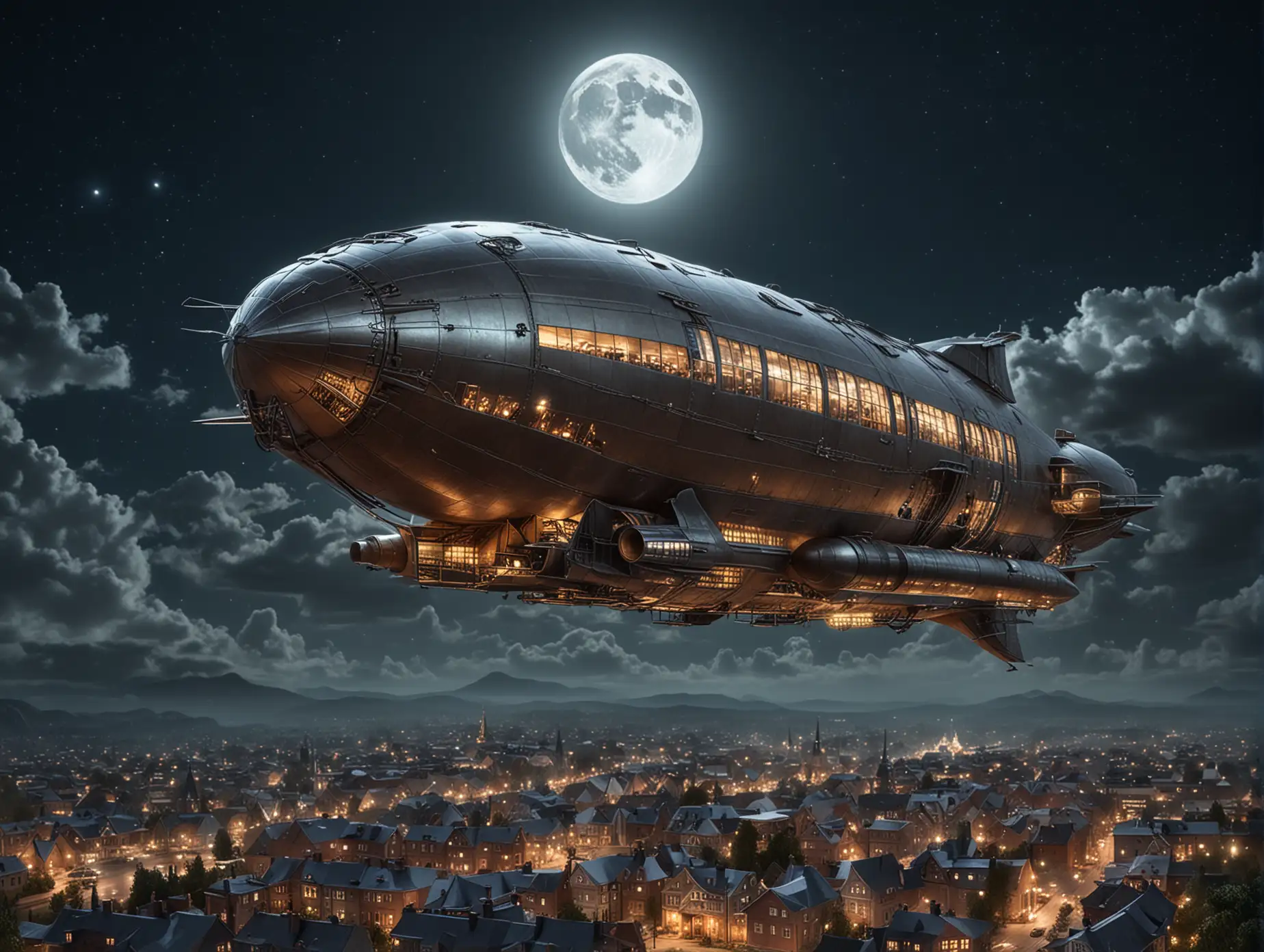 A very big, sleek, fabulous metal airship with an open upper deck flies over a small town at night. The full moon shines in the sky. There is a large glass window in the nose.