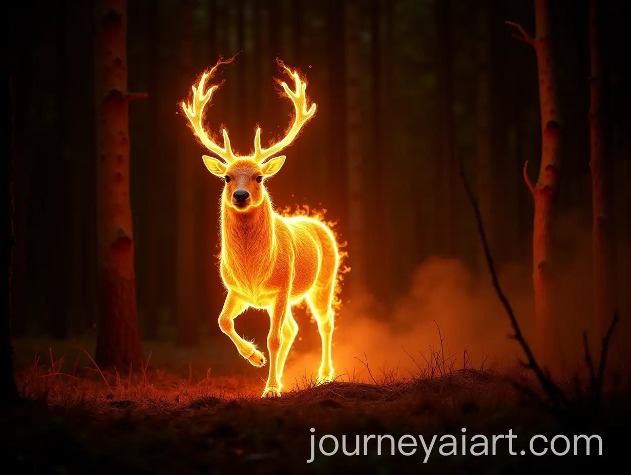 Flaming-Stag-Escaping-a-Burning-Forest-at-Night