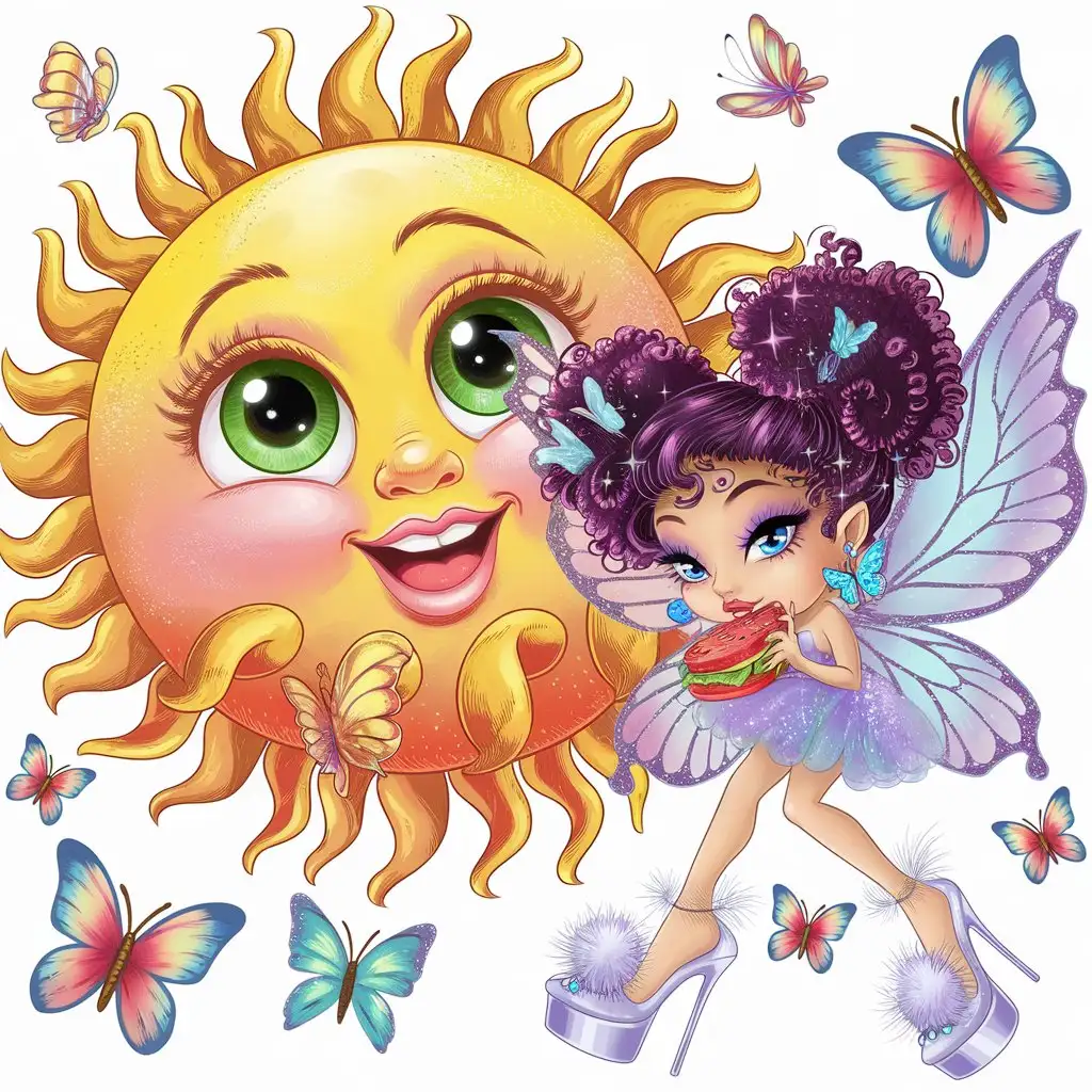 A cute sun with big green eyes and a beautiful little smiling pink mouth, the sun is surrounded by multicolored butterflies flying around. There is also a little fairy with curly purple hair, glitter, fine and large wings who is eating a red fruit toast and who has blue eyes. The fairy has light purple high heels with a white pompon on top of each shoe. She also has earrings in the shape of blue butterflies