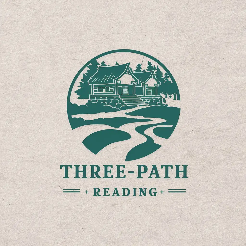 a vector logo design,with the text "Three-path reading", main symbol:Cottage, forest, stream, three small paths, ancient Chinese style,Moderate,be used in Education industry,clear background