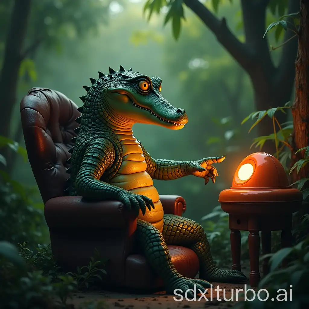 Crocodile-Sitting-on-Chair-Pressing-Button-in-Jungle-Scene