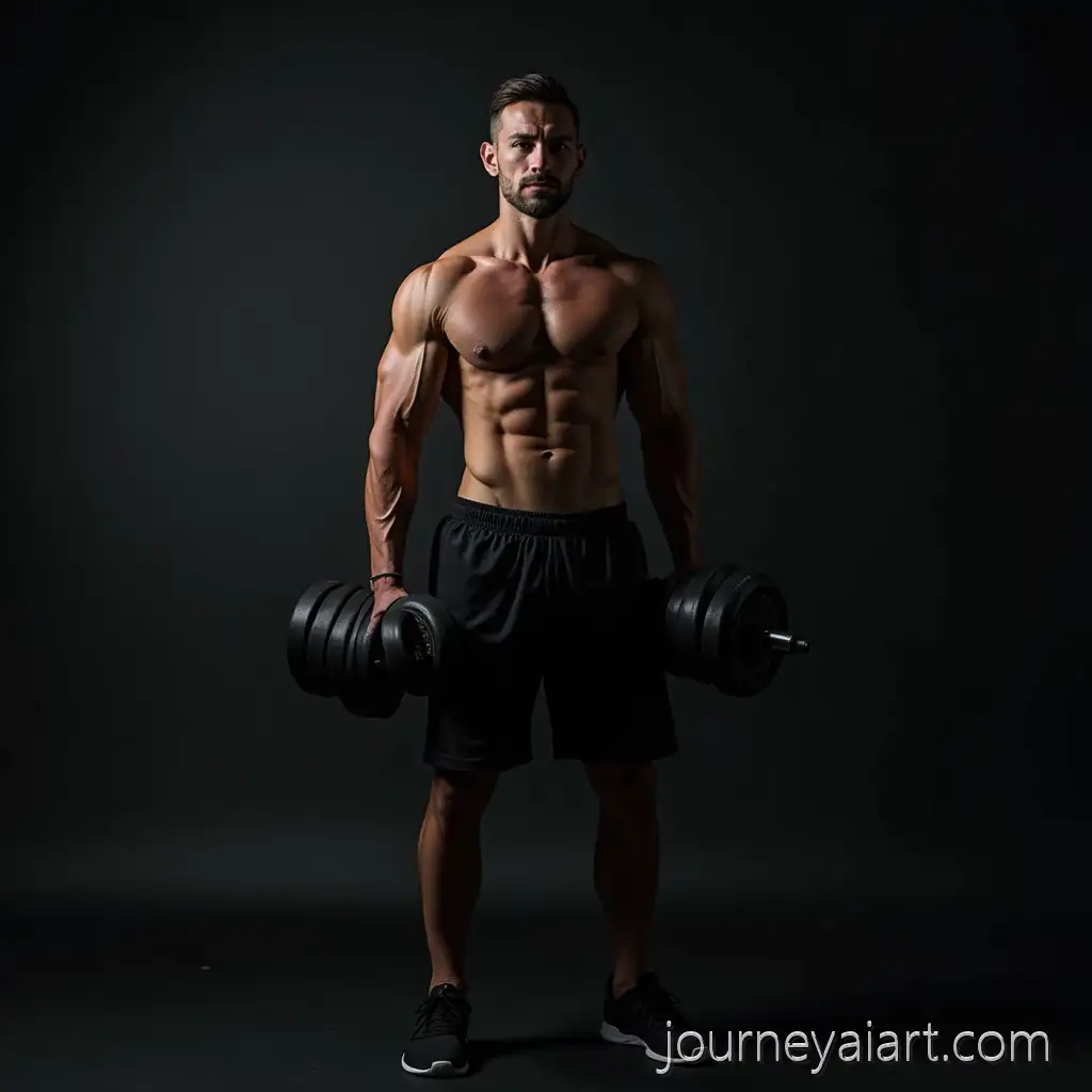 Minimalistic-Dark-Background-withMinimalistic-training-setup-Dumbbells-and-Barbells-Featuring-AntiEccentric-Inscription