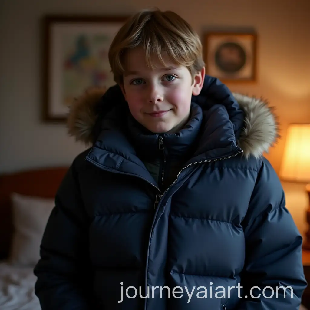 13YearOld-Boy-Wearing-Puffy-Navy-Winter-Coat-with-Fur-Hood-in-Bedroom