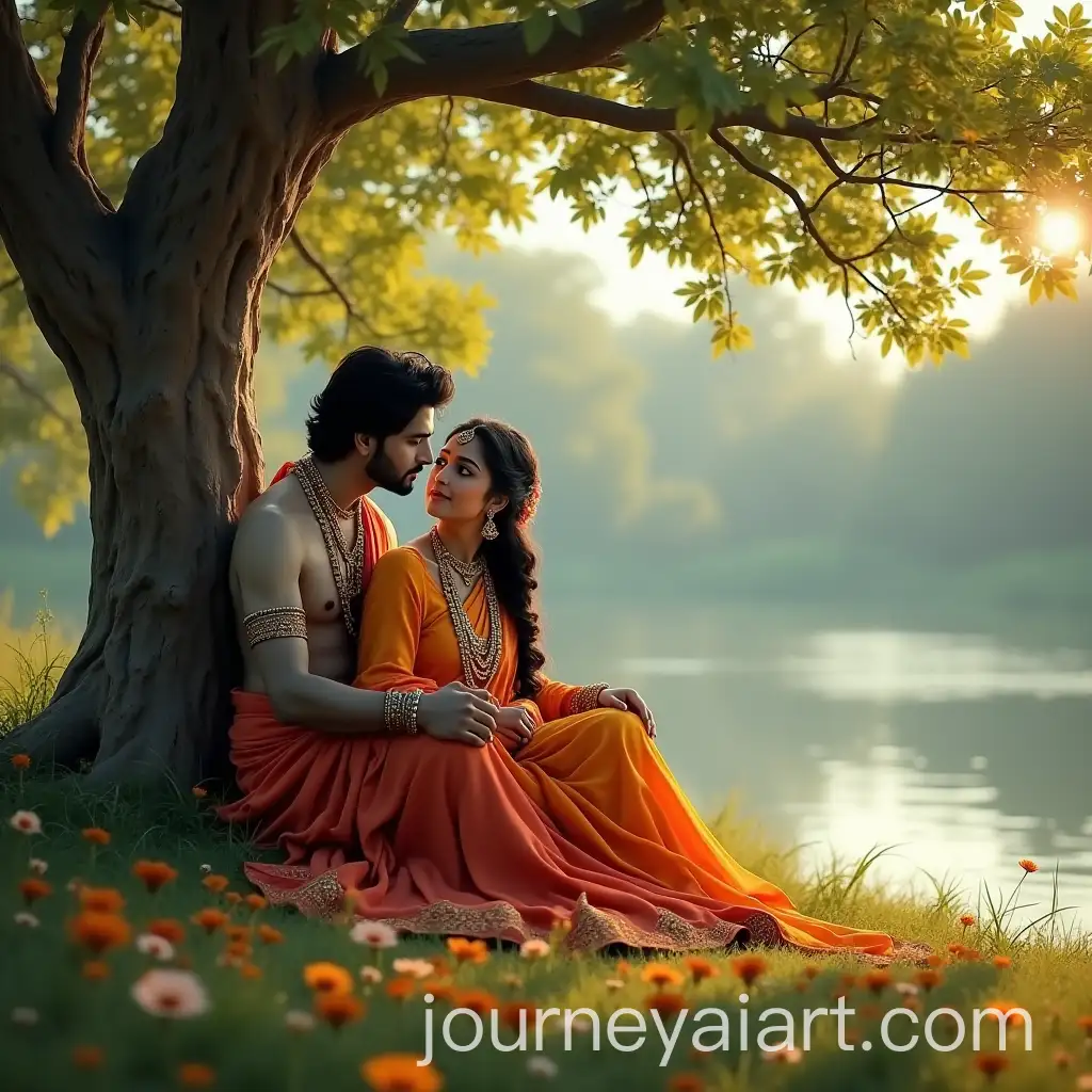 Radha-and-Krishna-Sitting-Under-Riverside-Tree-in-a-Romantic-Love-Scene