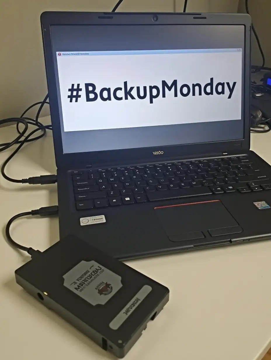 a picture of an open laptop on a desk, with an external hard disk connected, making a data backup. The screen reads #BackupMonday in a big font.