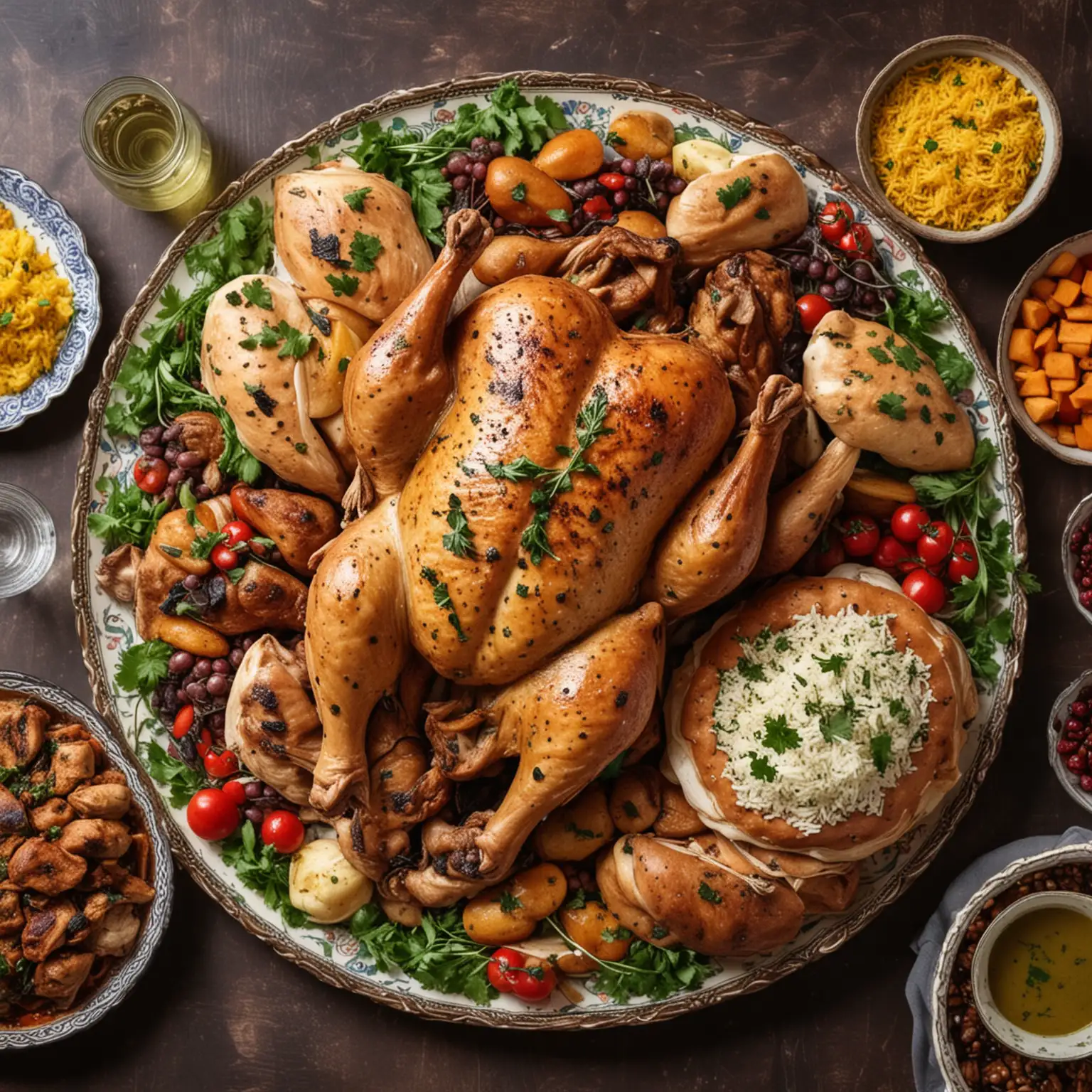 Top View of Persian and Iranian Whole Chicken Dinner on Table