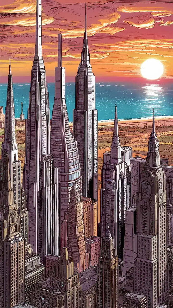 Comic Book Style Cityscape with Skyscrapers and Coastal Horizon